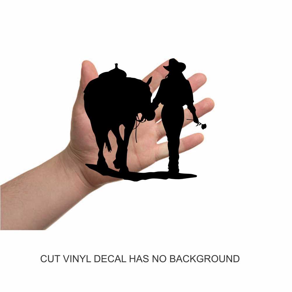cowgirl walking her horse holding a rose vinyl decal sticker